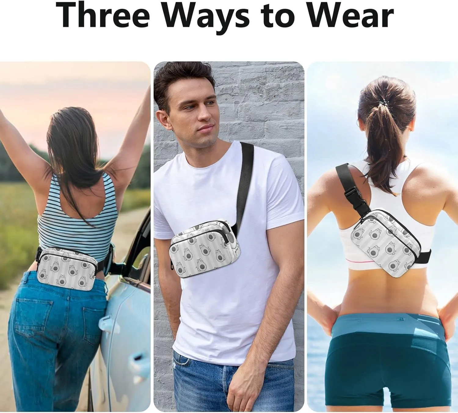 Cute Cartoon Avocados with Cat Muzzle, Ears and Tail Grey Style Adjustable Belt Running Bag, Crossbody Fanny Pack Waist Runners Bag Tote for Women Men Sports Hiking Fitness Exercise Gym Pouch