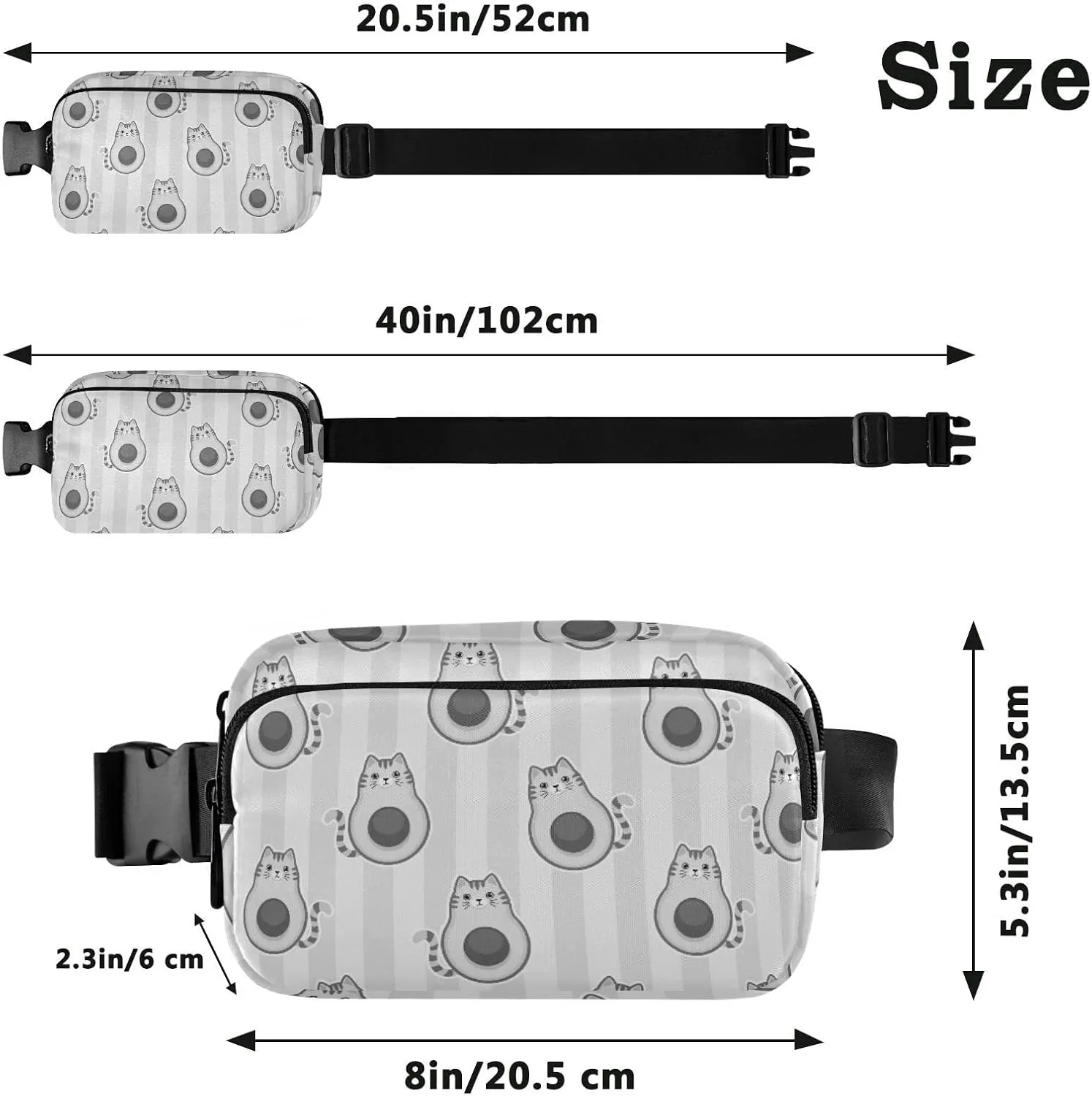 Cute Cartoon Avocados with Cat Muzzle, Ears and Tail Grey Style Adjustable Belt Running Bag, Crossbody Fanny Pack Waist Runners Bag Tote for Women Men Sports Hiking Fitness Exercise Gym Pouch