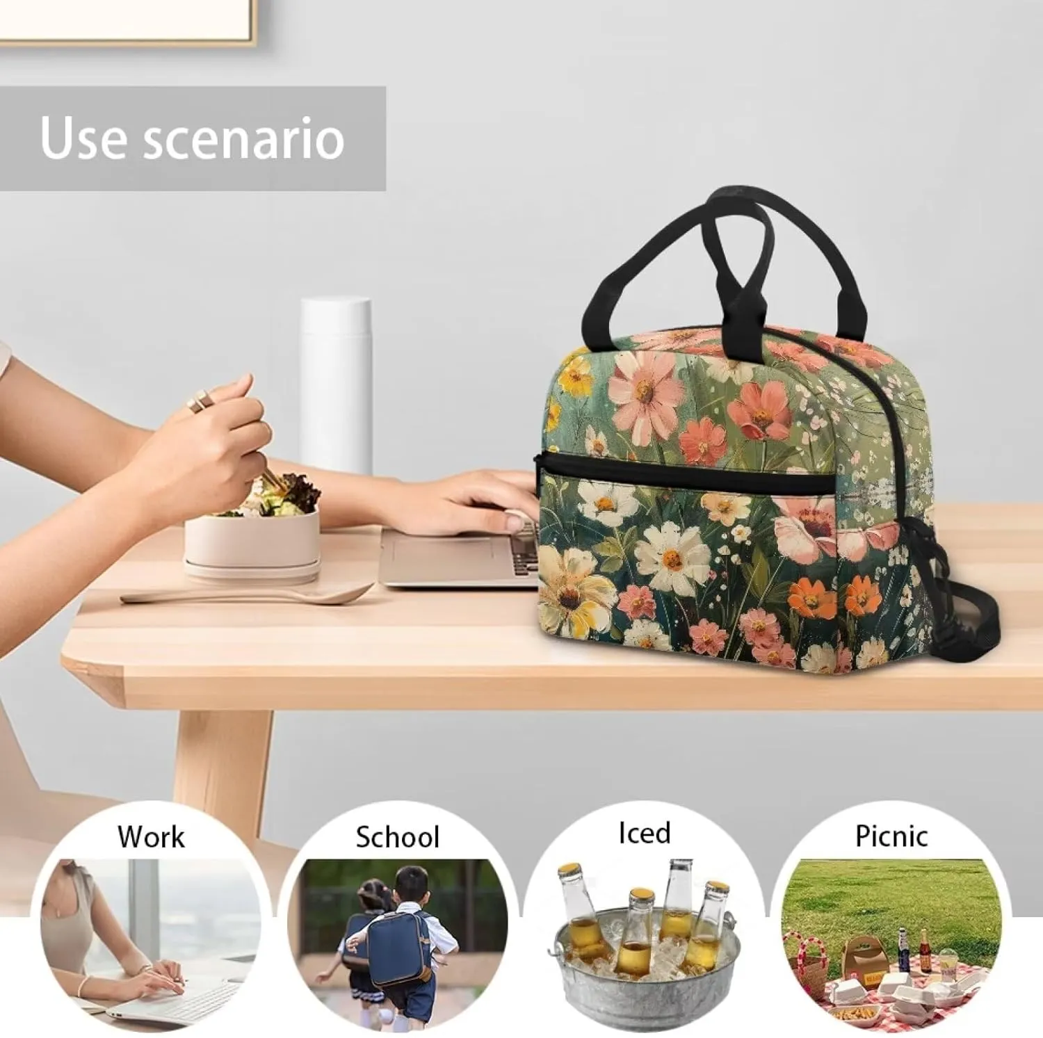 Cute Floral Print Backpack Lunch Bag for Women Large Capacity Fashion Lunch Bag for Men Reusable Leakproof Cooler Meal Bag for Travel Picnic Business Office