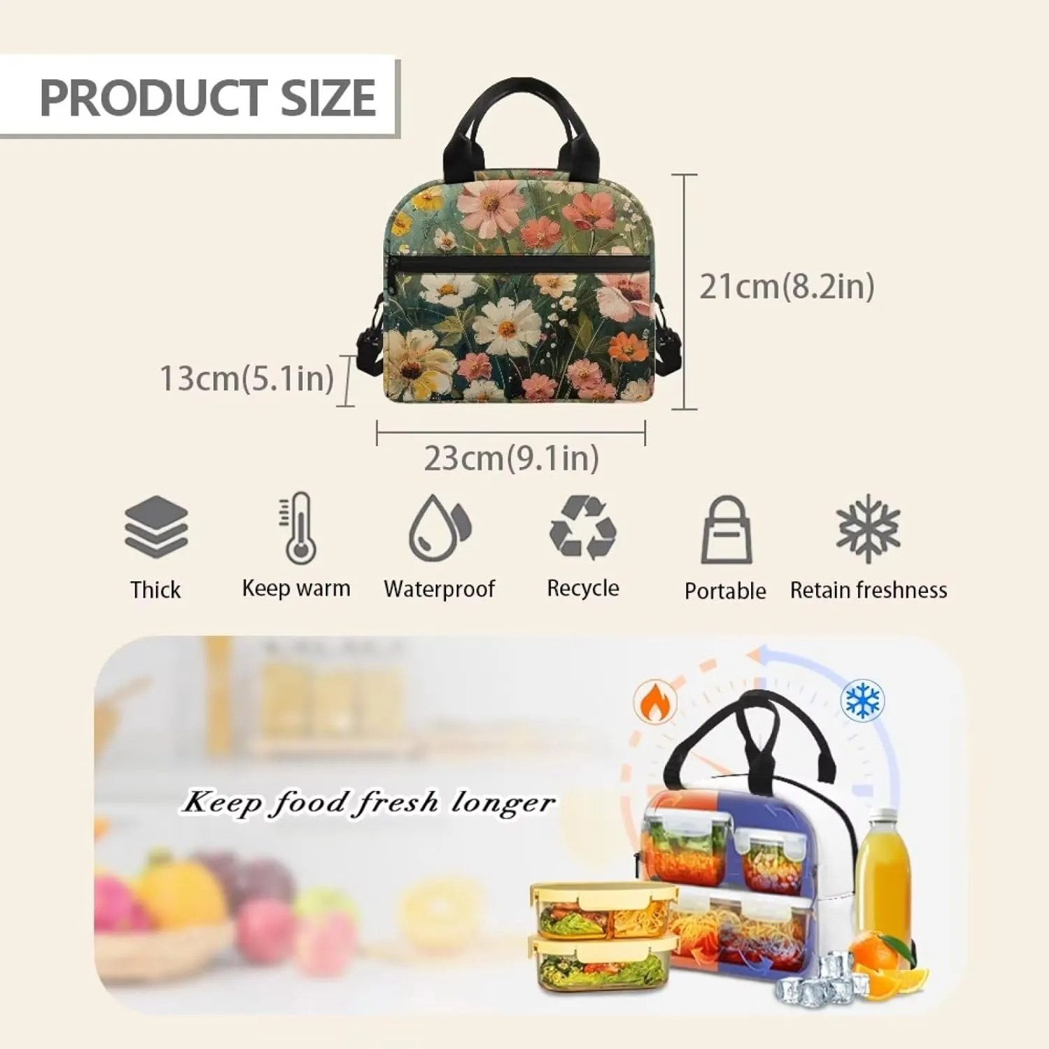 Cute Floral Print Backpack Lunch Bag for Women Large Capacity Fashion Lunch Bag for Men Reusable Leakproof Cooler Meal Bag for Travel Picnic Business Office