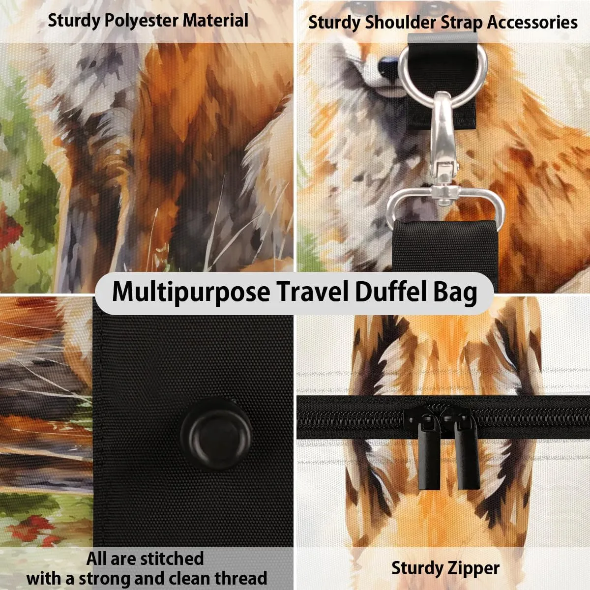 Cute Fox Travel Duffel Bag for Women Men Waterproof Foldable Overnight Weekender Bag Large Capacity Sports Gym Bag