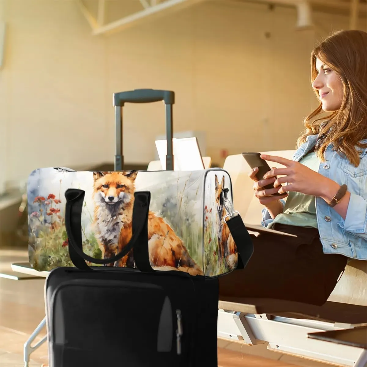 Cute Fox Travel Duffel Bag for Women Men Waterproof Foldable Overnight Weekender Bag Large Capacity Sports Gym Bag