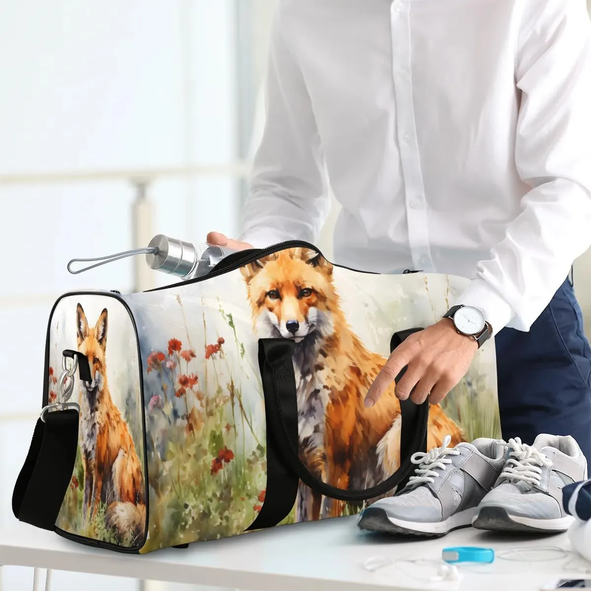 Cute Fox Travel Duffel Bag for Women Men Waterproof Foldable Overnight Weekender Bag Large Capacity Sports Gym Bag