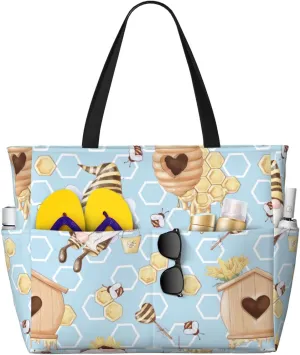 Cute Gnome Bee Collects Honey Large Beach Tote Bag for Women Extra Large Capacity Waterproof Sandproof Pool Bag Suitable for Swimming Pool Gym Travel