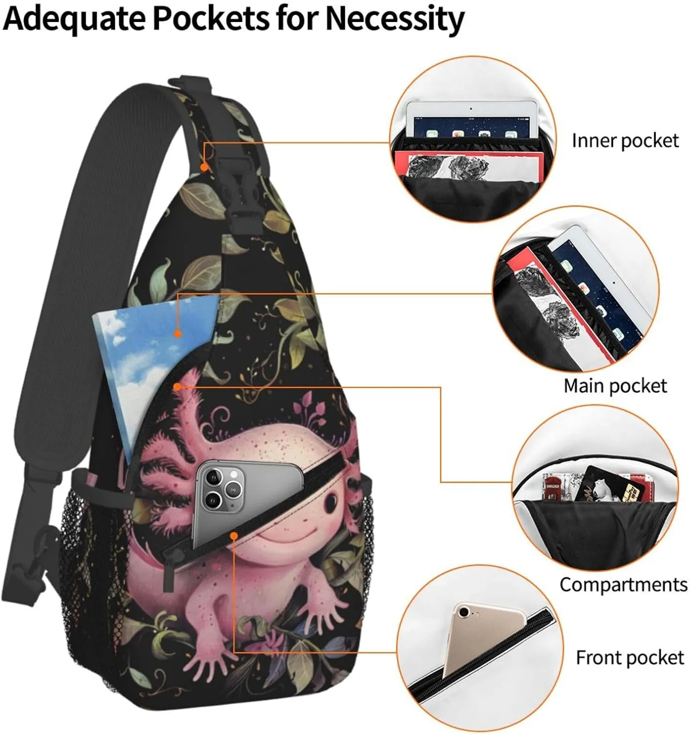 Cute Pink Axolotls Sling Backpack Hiking Backpack Crossbody Bag Sports Lightweight And Durable Chest Bag Shoulder Bag For Women Men