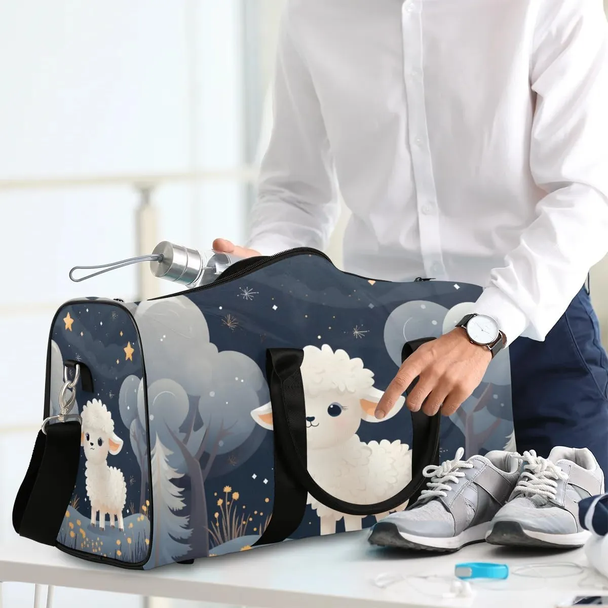 Cute Sheep Pattern Travel Duffel Bag for Women Men Waterproof Foldable Overnight Weekender Bag Large Capacity Sports Gym Bag