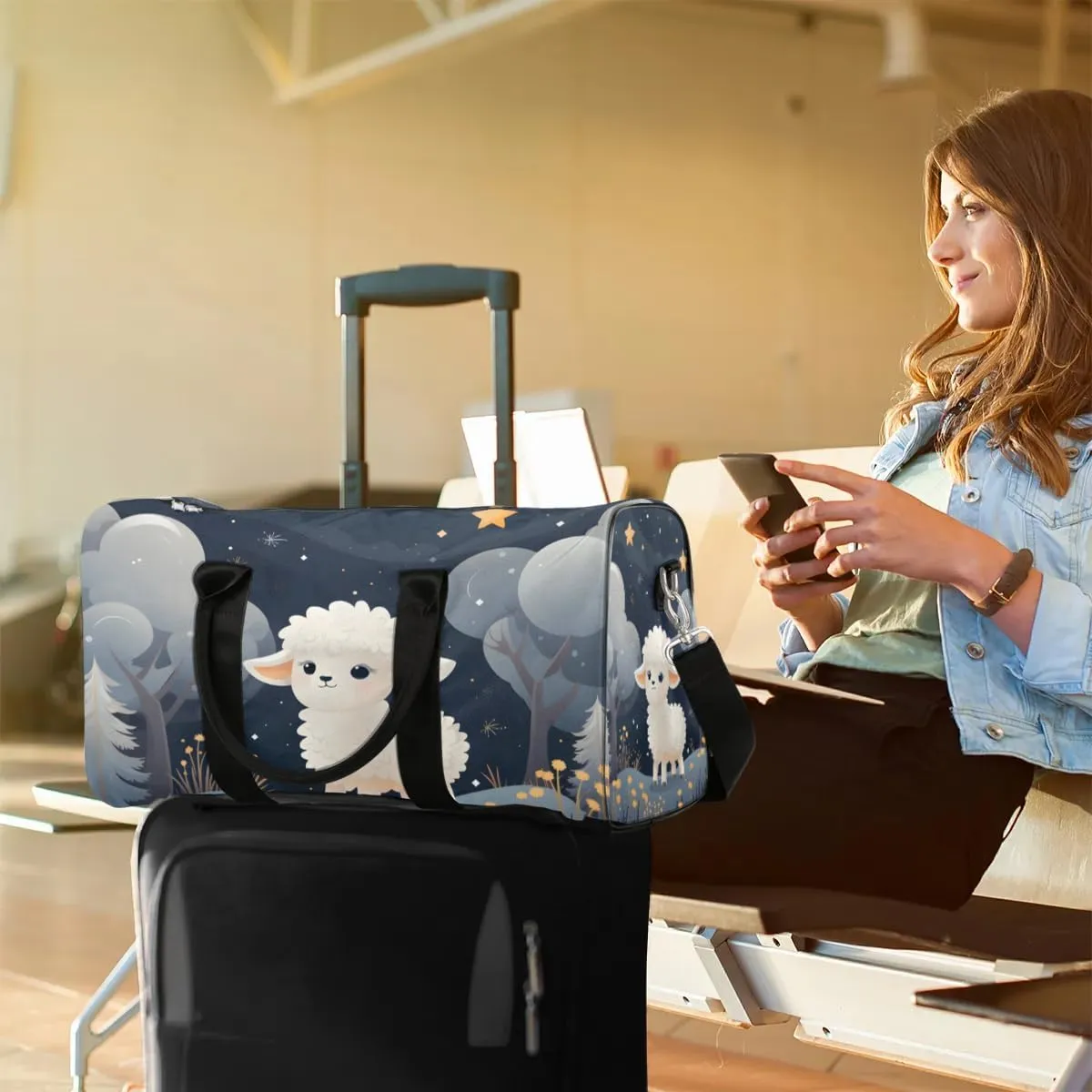 Cute Sheep Pattern Travel Duffel Bag for Women Men Waterproof Foldable Overnight Weekender Bag Large Capacity Sports Gym Bag