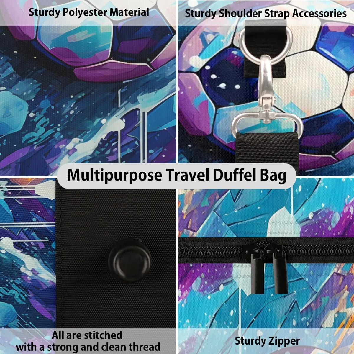 Cute Soccer Patterns Travel Duffel Bag for Women Men Waterproof Foldable Overnight Weekender Bag Large Capacity Sports Gym Bag