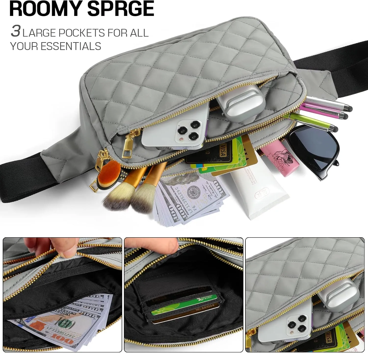 CXWMZY Fashion Fanny Packs for Women & Men, Girls Boys Teens Waist Bag Hip Bum Bag Cute Fanny Pack Casual Bum Bag with Multi-Pockets Adjustable Belts for Disney Traveling Cycling Running (Gray)