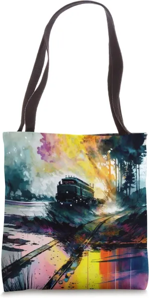 Cyberpunk Train Watercolor Design, AI-Generated Tote Bag