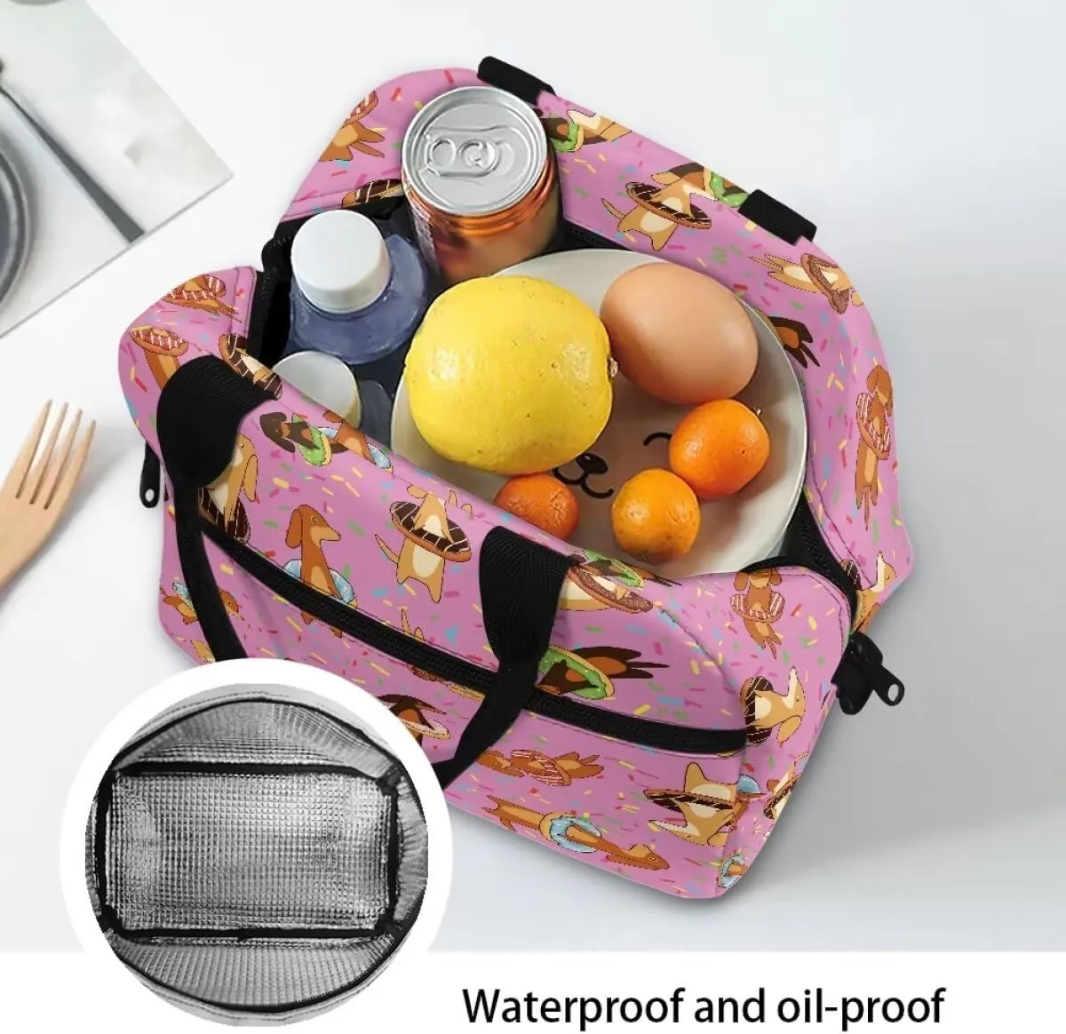 Dachshund Doughnut Print Insulated Lunch Bag for Teachers Leakproof Lightweight Lunch Bag for Students Reusable Waterproof Tote Bag for Woker University Outdoor