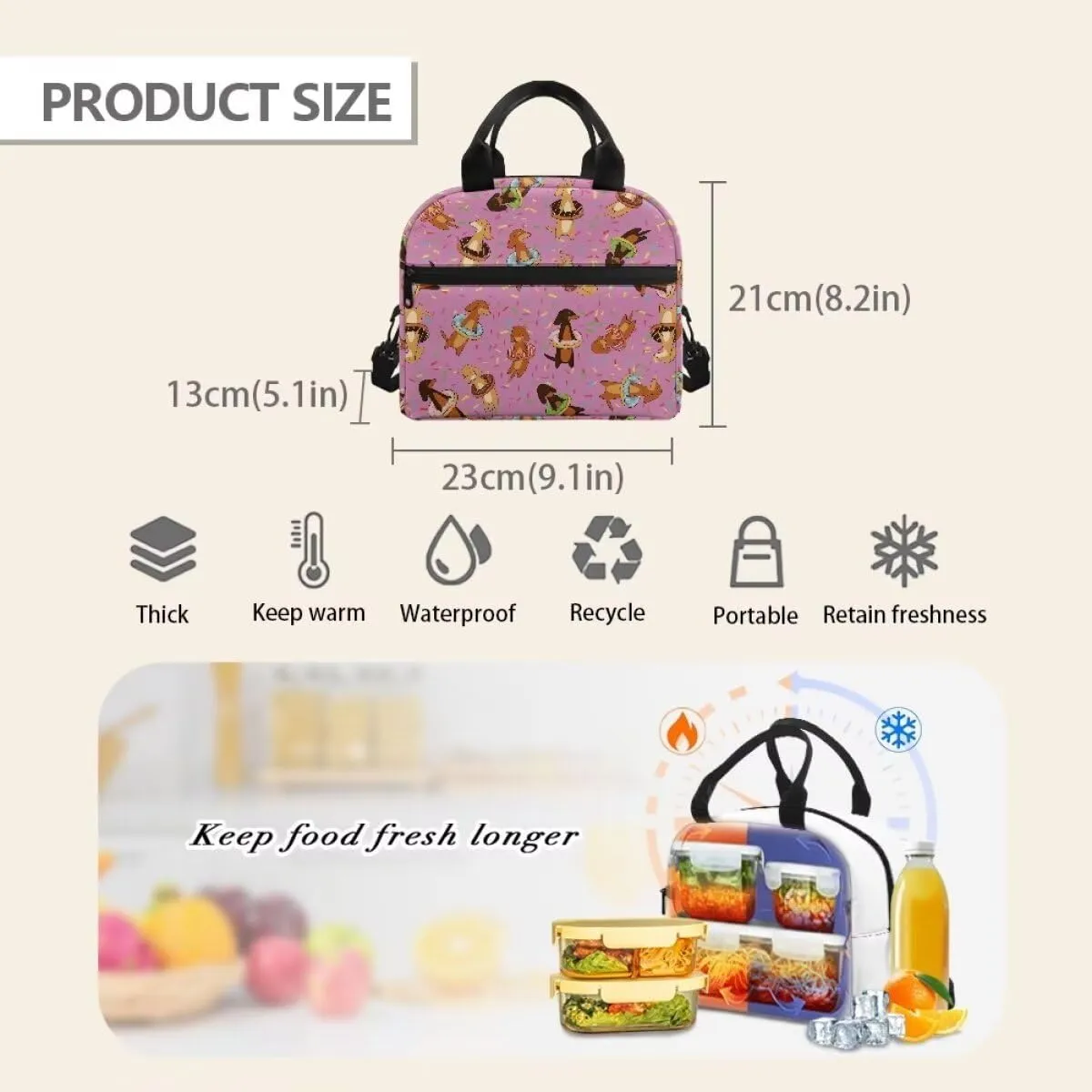 Dachshund Doughnut Print Insulated Lunch Bag for Teachers Leakproof Lightweight Lunch Bag for Students Reusable Waterproof Tote Bag for Woker University Outdoor