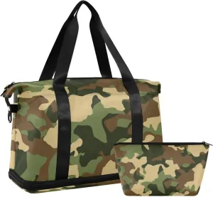 Dark Green Camo Versatile Sports Travel Bag - Lasting Twill Tote, Removable Wheel & Rod Bagging, Multi-pocket Design, Complimentary Makeup Bag