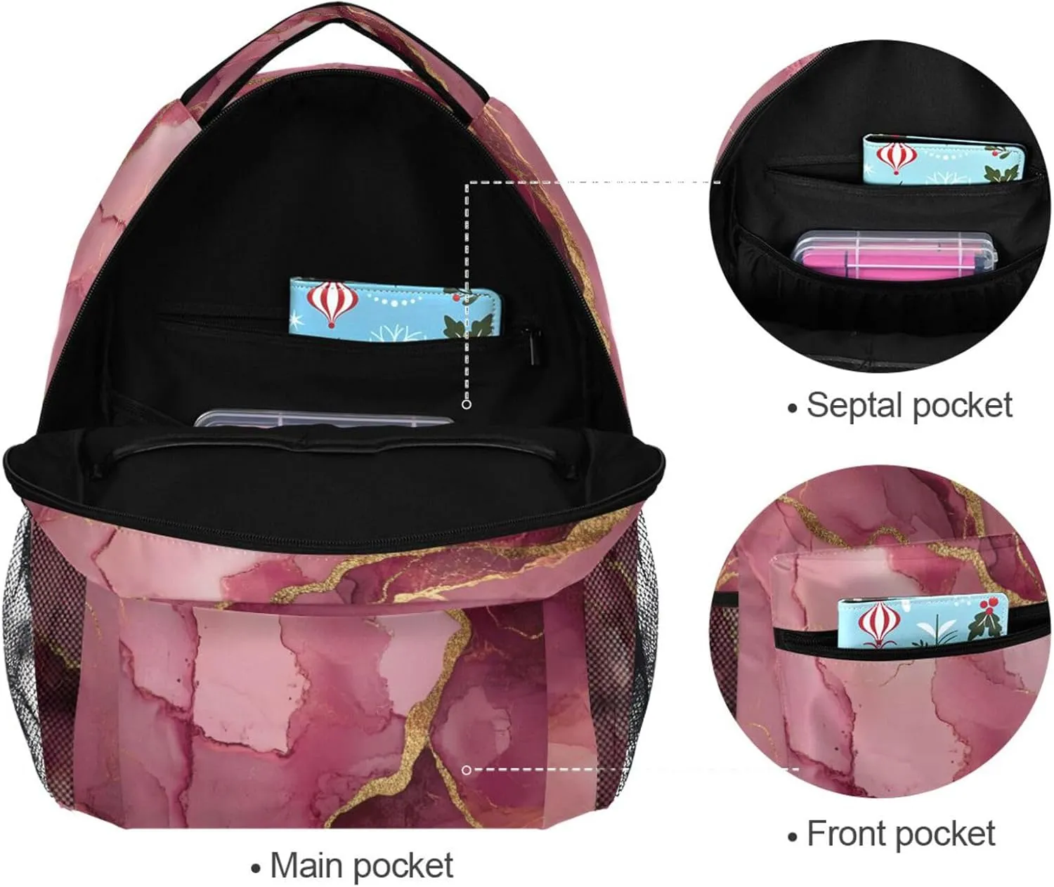 Day Backpack for Men and Women Waterproof Sports Backpack with Chest Strap for Travel Trip Marble Blush Burgundy