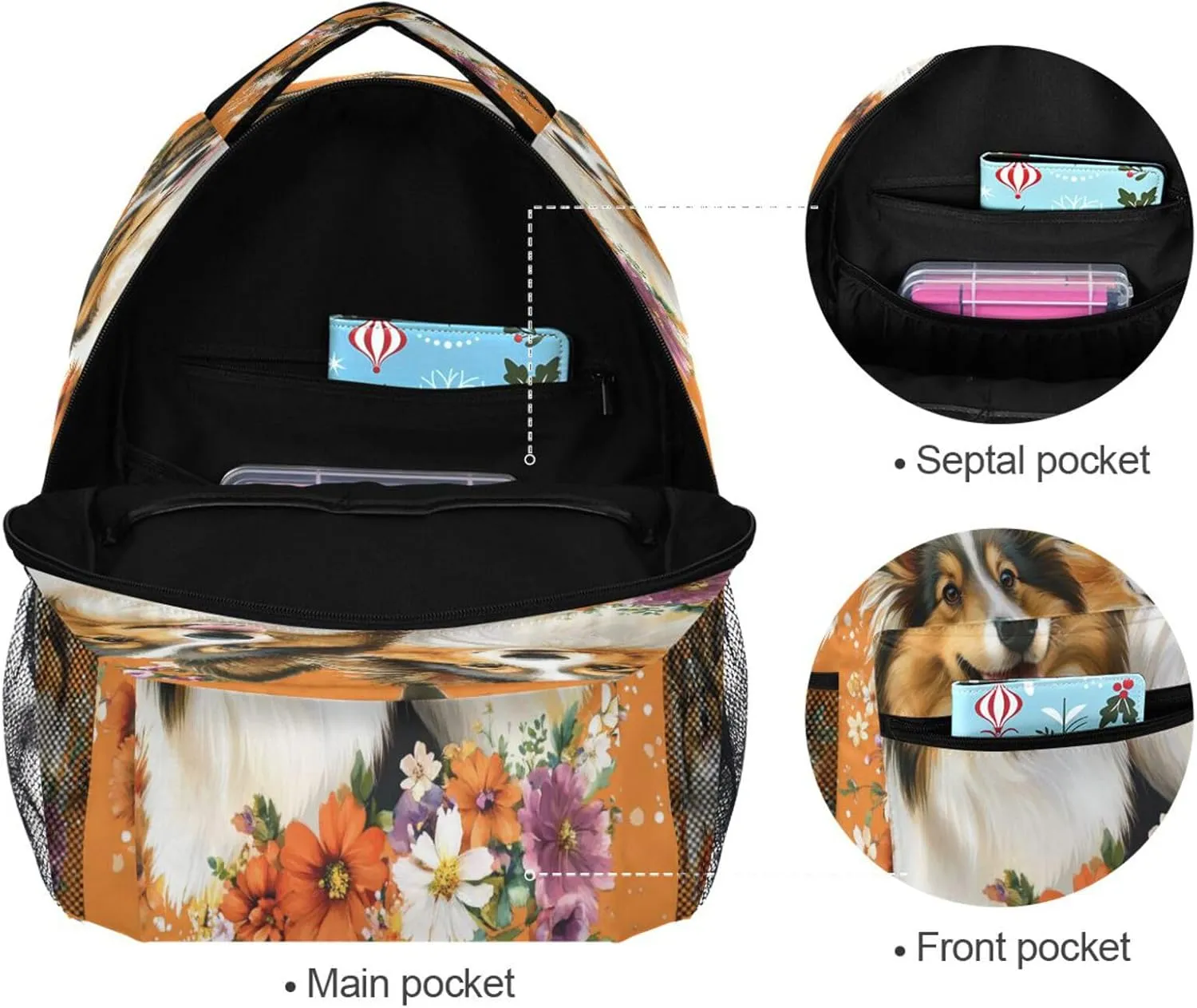 Day Backpack for Teacher Nurse Waterproof Stylish Travel Bags with Chest Strap for Business Work College Travel Trip Beauty Shetland Sheepdog Dogs Orange
