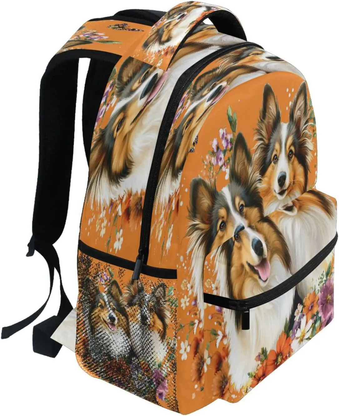 Day Backpack for Teacher Nurse Waterproof Stylish Travel Bags with Chest Strap for Business Work College Travel Trip Beauty Shetland Sheepdog Dogs Orange