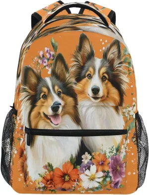 Day Backpack for Teacher Nurse Waterproof Stylish Travel Bags with Chest Strap for Business Work College Travel Trip Beauty Shetland Sheepdog Dogs Orange