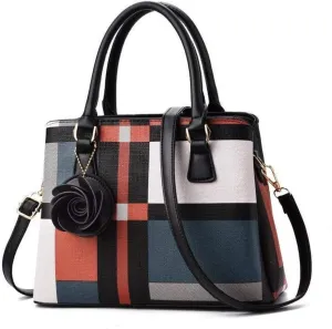 Dayfine Women's Hit Color Plaid PU Tote Middle-aged Ladies Large-capacity One-shoulder Diagonal Bag