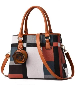 Dayfine Women's Hit Color Plaid PU Tote Middle-aged Ladies Large-capacity One-shoulder Diagonal Bag