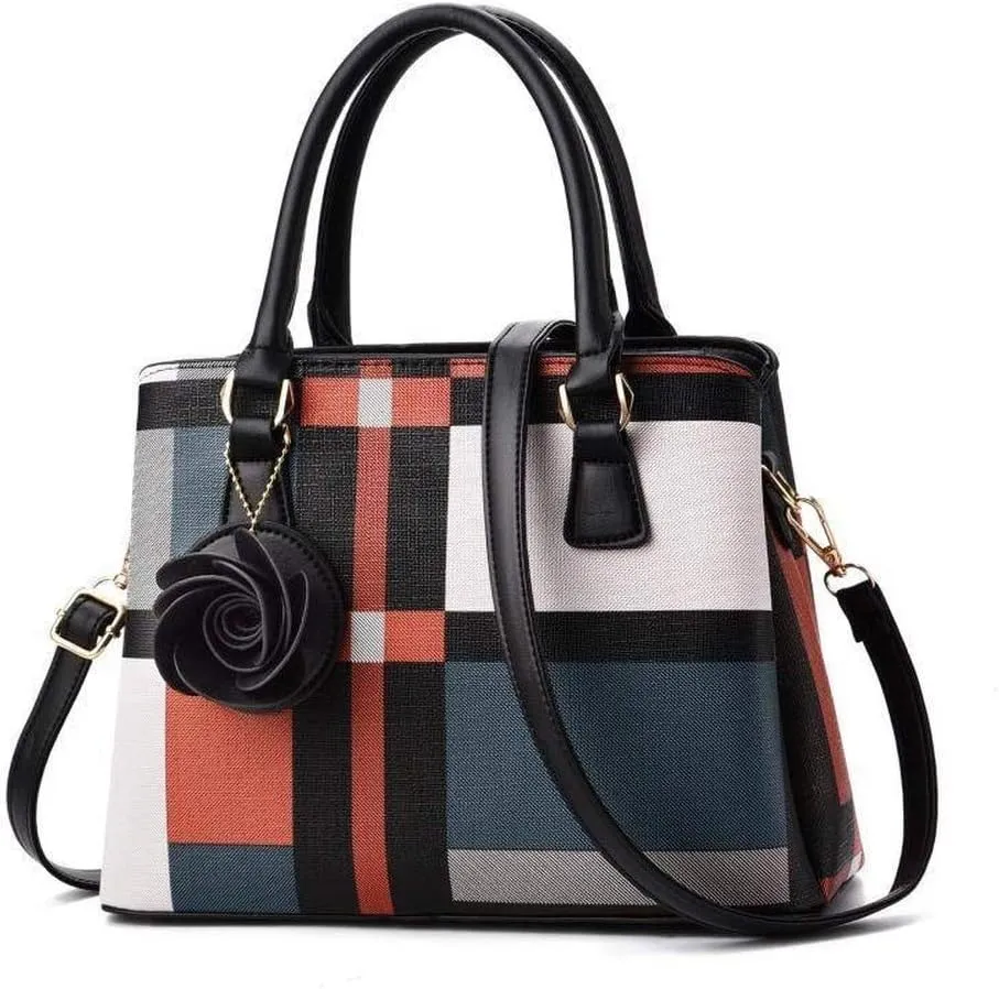 Dayfine Women's Hit Color Plaid PU Tote Middle-aged Ladies Large-capacity One-shoulder Diagonal Bag