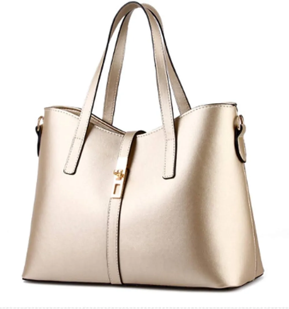 Dayfine Women's PU Leather Solid Handbag Lock Bag Large Capacity Shoulder Bag Diagonal Tote