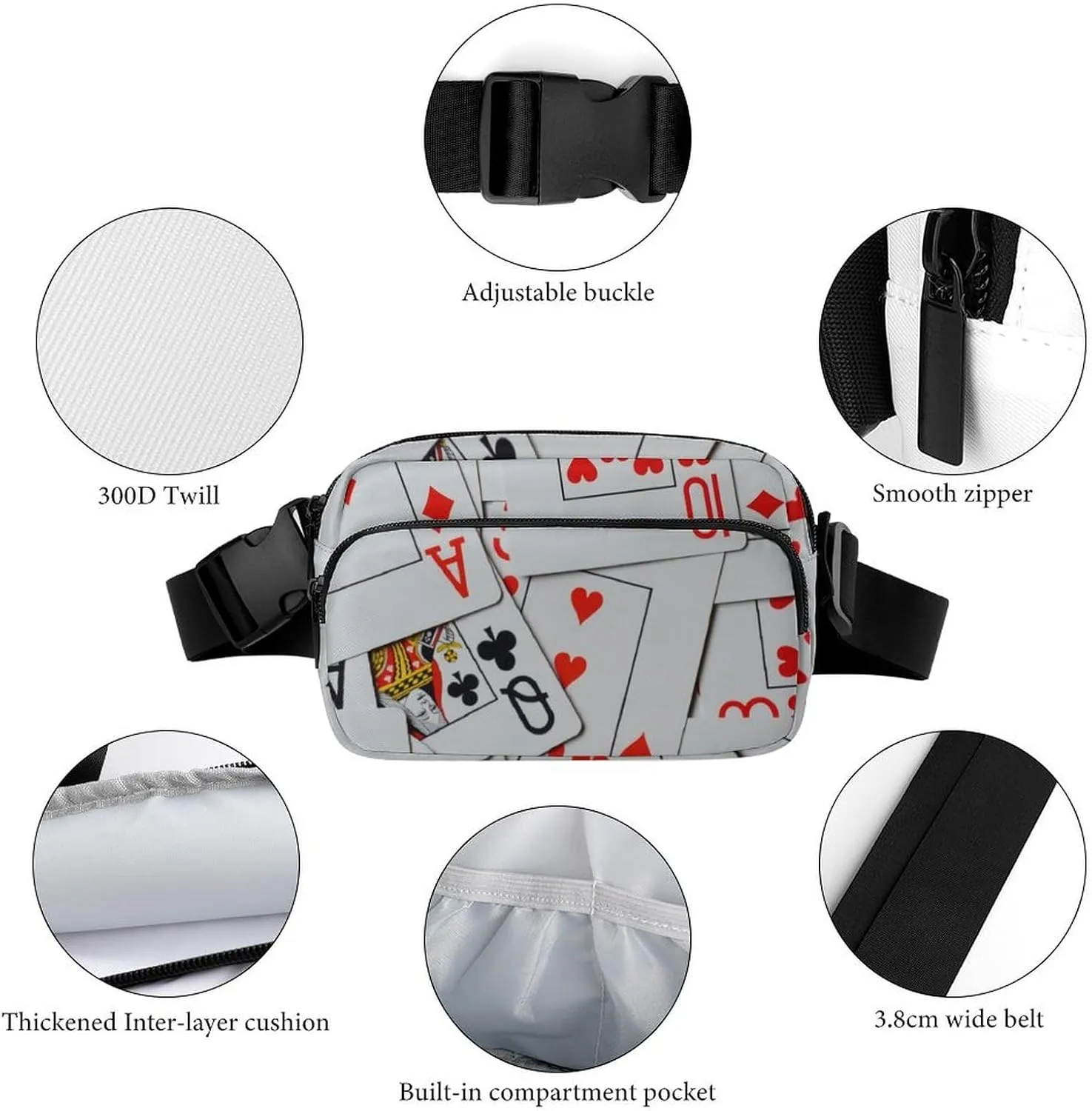 Deck Of Scattered Playing Cards Large Capacity Portable All Print Waist Bag