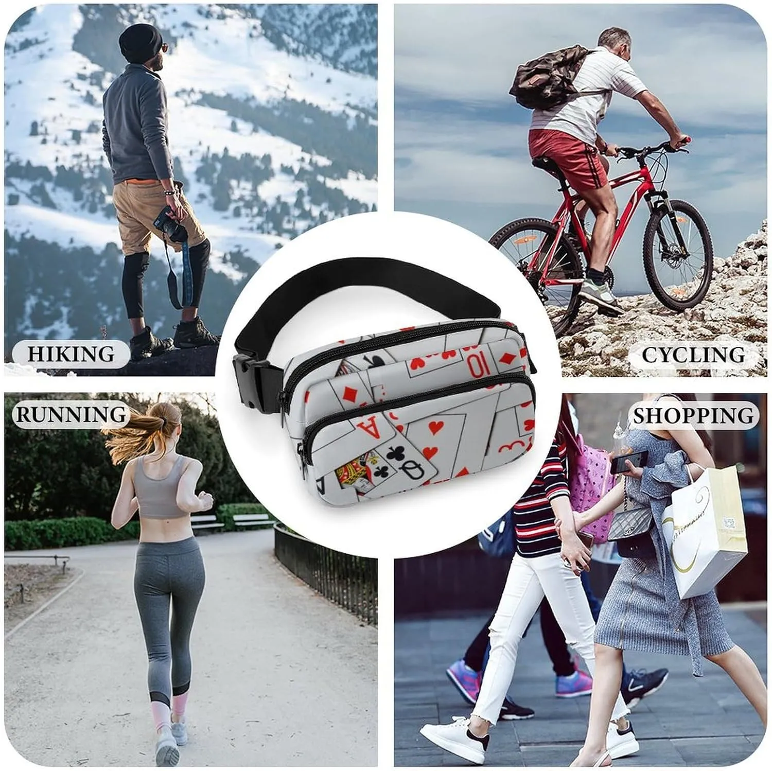 Deck Of Scattered Playing Cards Large Capacity Portable All Print Waist Bag