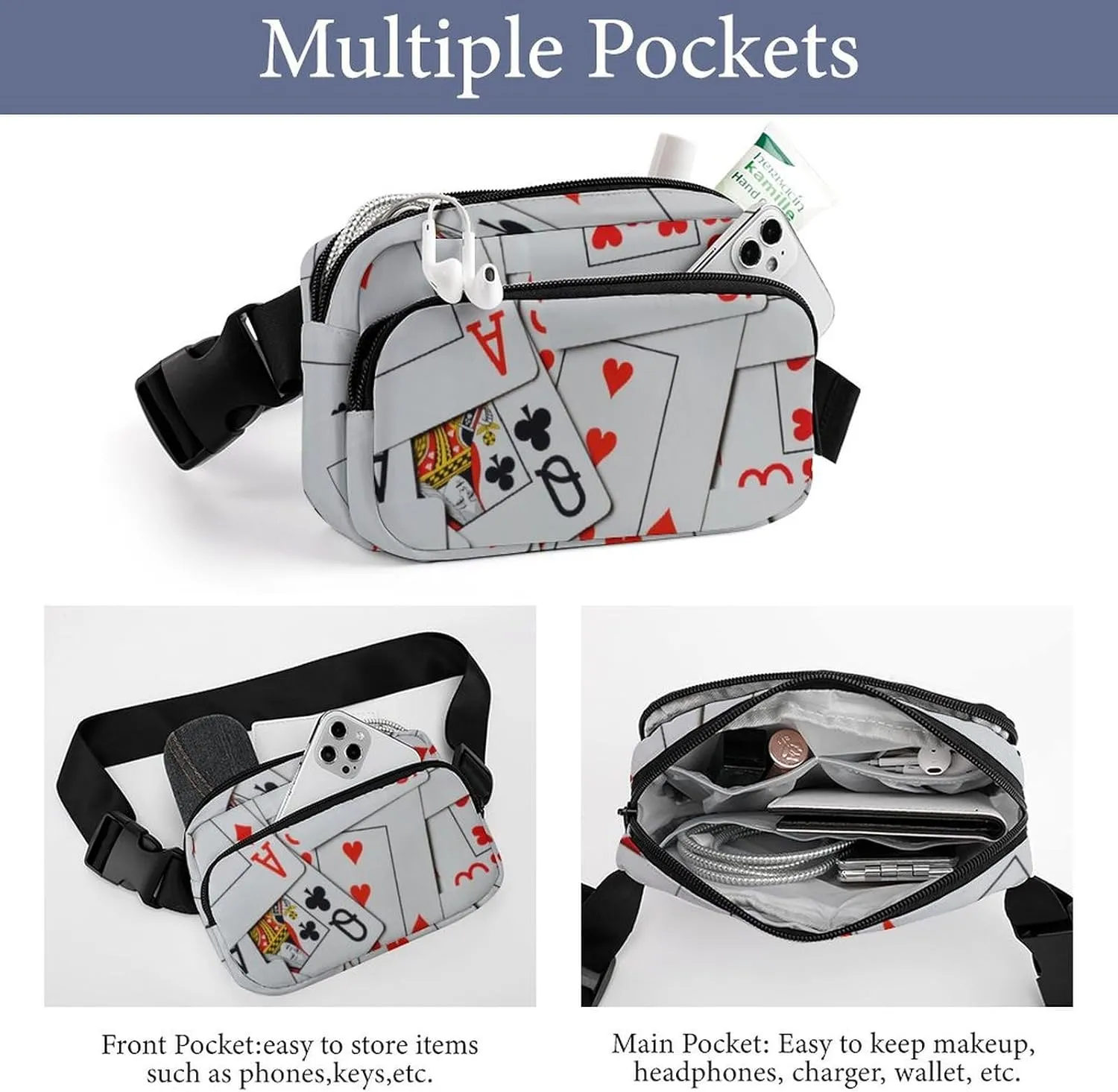 Deck Of Scattered Playing Cards Large Capacity Portable All Print Waist Bag