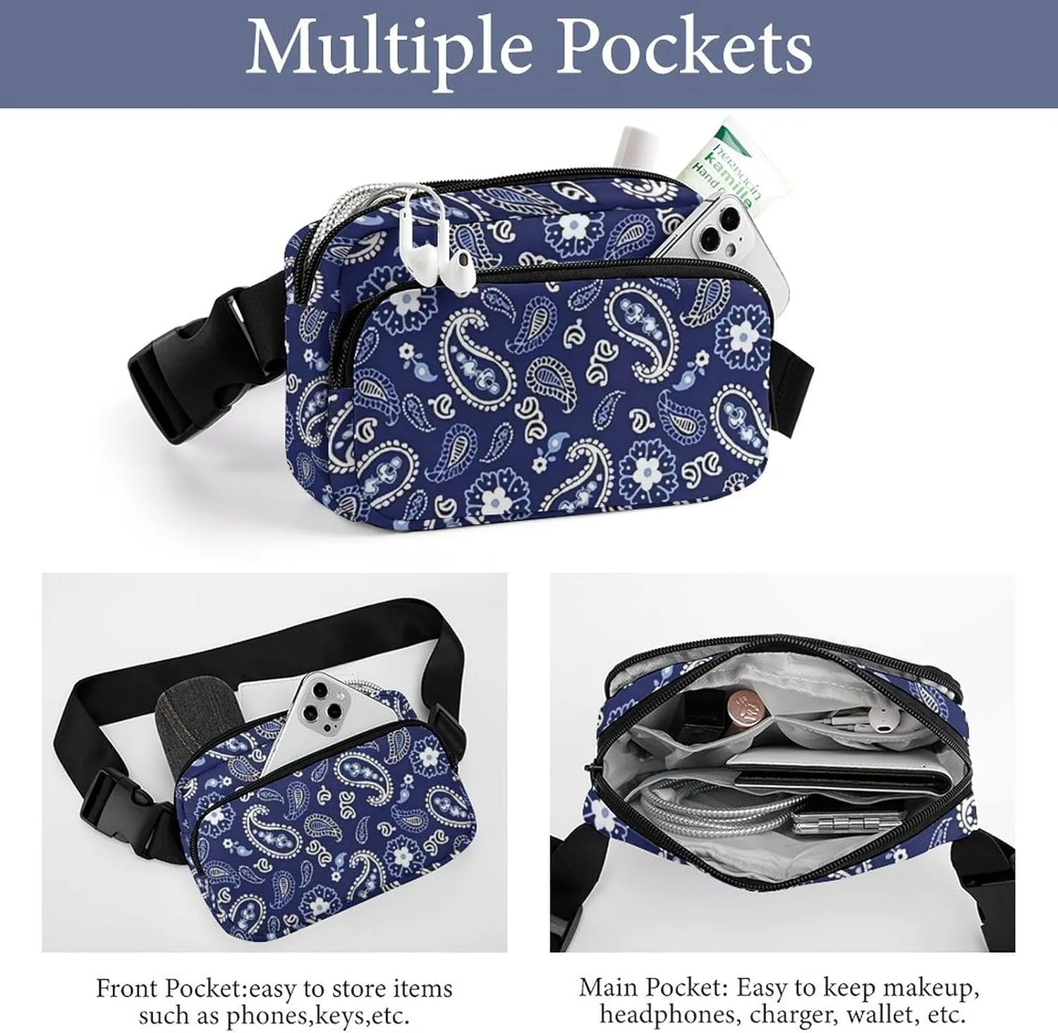 Deep Sea Navy Paisley Large Capacity Portable All Print Waist Bag