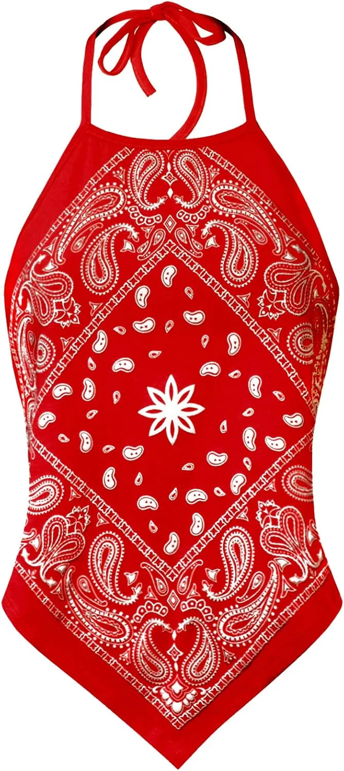 Design by Olivia Women's Sexy Paisley Bandana/Tie dye Halter Top Shirt- Made in USA