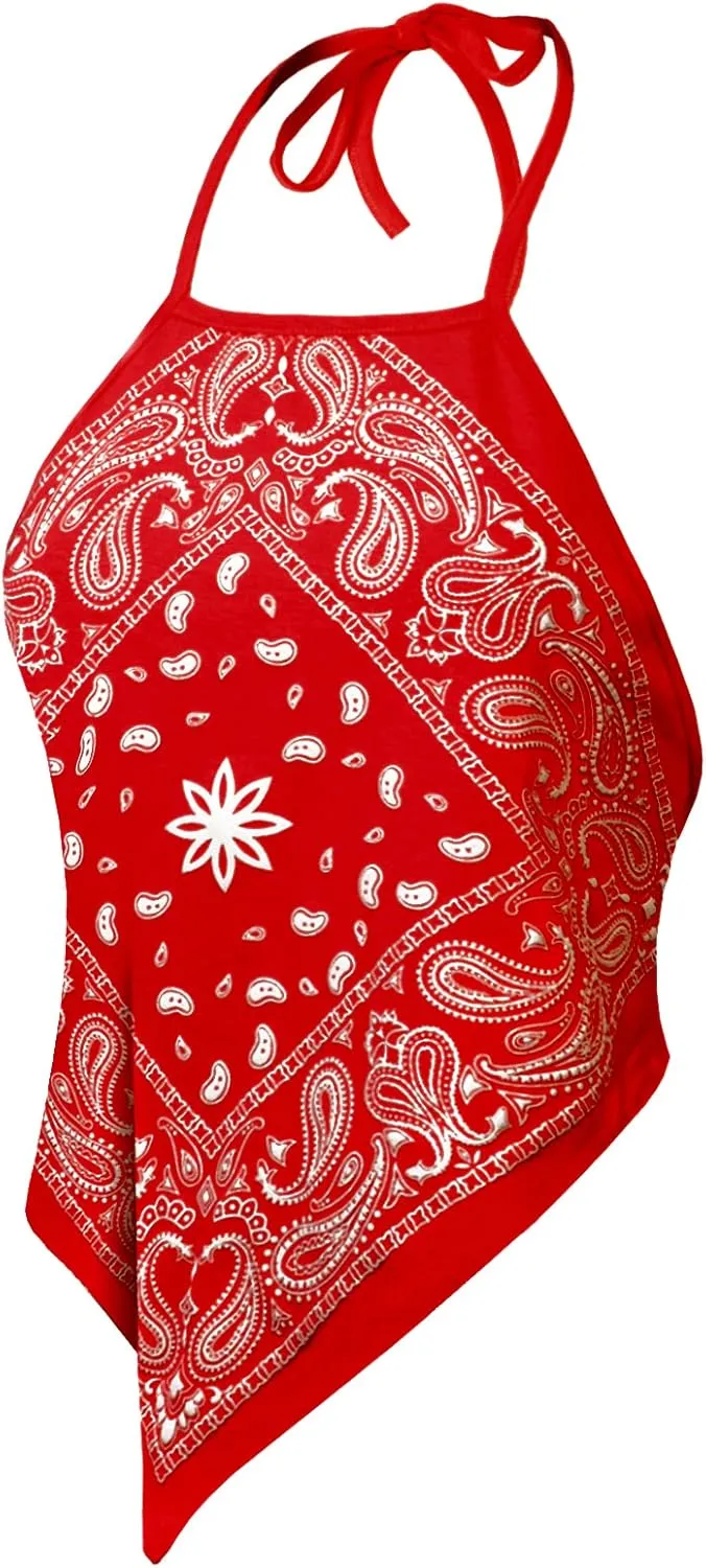 Design by Olivia Women's Sexy Paisley Bandana/Tie dye Halter Top Shirt- Made in USA