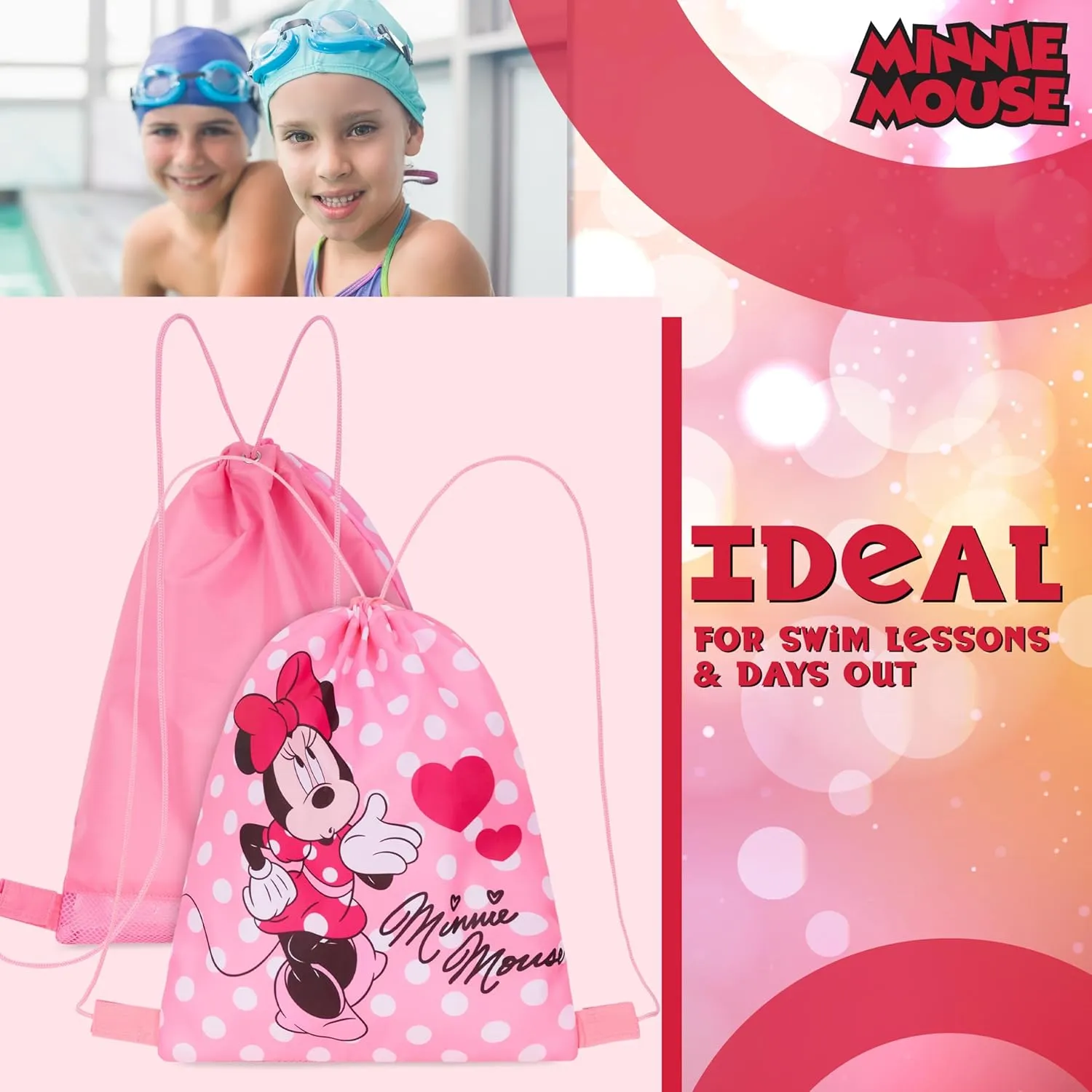Disney Drawstring Bags, 11 x 14” Swimming Bag with Airflow Vent (Pink Minnie)