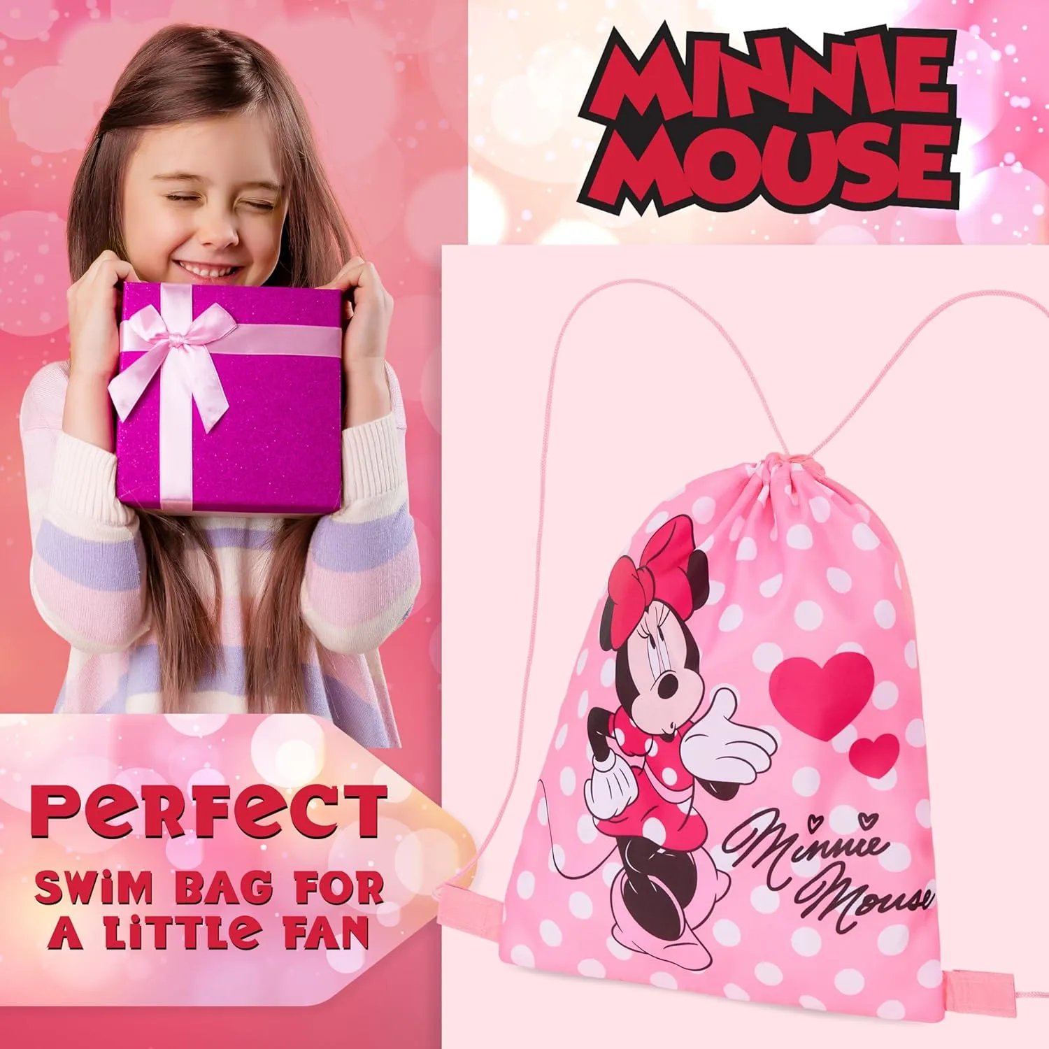 Disney Drawstring Bags, 11 x 14” Swimming Bag with Airflow Vent (Pink Minnie)