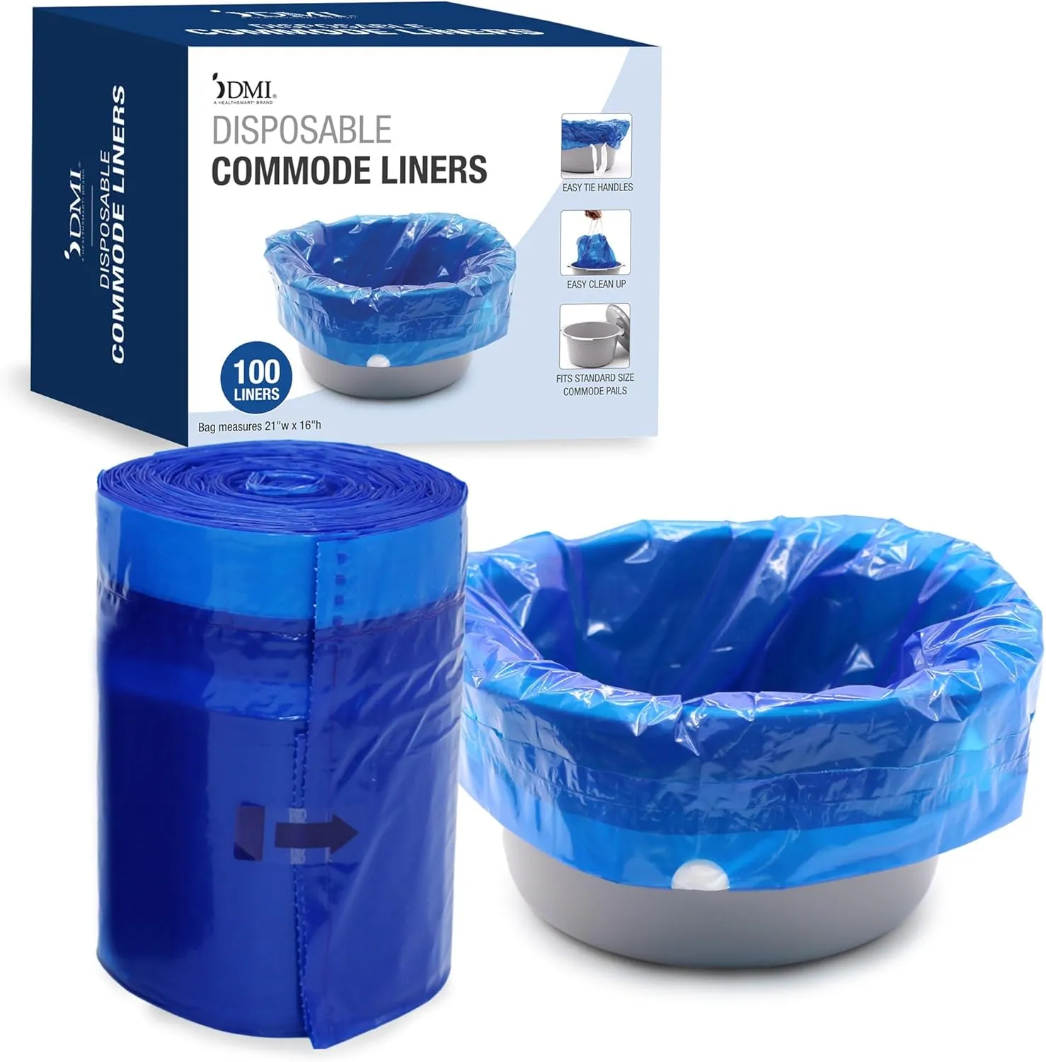 DMI 100 Count Universal Bedside Commode Liners, Portable Potty Toilet Bags, Leakproof Disposable Toilet Bags - Camping, Elderly Care - Drawstring Closure, Unscented, Extra Thick & Splash-free Design