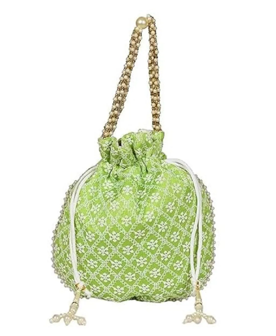 DMS RETAIL Chikankari Raw Silk drawstring Rajasthani Style Potli bags, Royal Clutch, Bridal Purse for Wedding, Batwa Bag, Shagun Potli Purse for Women, Potli bag for ladies return gift (GREEN)