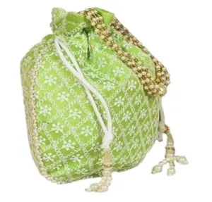 DMS RETAIL Chikankari Raw Silk drawstring Rajasthani Style Potli bags, Royal Clutch, Bridal Purse for Wedding, Batwa Bag, Shagun Potli Purse for Women, Potli bag for ladies return gift (GREEN)