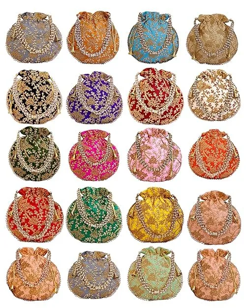 DMS RETAIL Rajasthani Look Women's Fashion Handmade Handbag Wristlets Ethnic Bridal Potli Batwa Bag Combo Pack of (Pack Of 6)