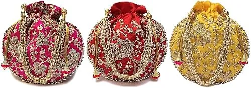 DMS RETAIL Rajasthani Look Women's Fashion Handmade Handbag Wristlets Ethnic Bridal Potli Batwa Bag Combo Pack of (Pack Of 6)