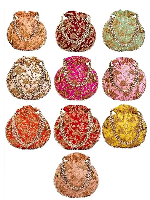 DMS RETAIL Rajasthani Look Women's Fashion Handmade Handbag Wristlets Ethnic Bridal Potli Batwa Bag Combo Pack of (Pack Of 6)