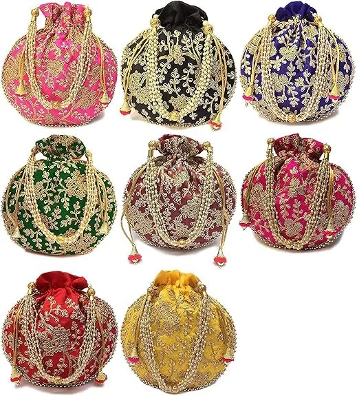 DMS RETAIL Rajasthani Look Women's Fashion Handmade Handbag Wristlets Ethnic Bridal Potli Batwa Bag Combo Pack of (Pack Of 6)