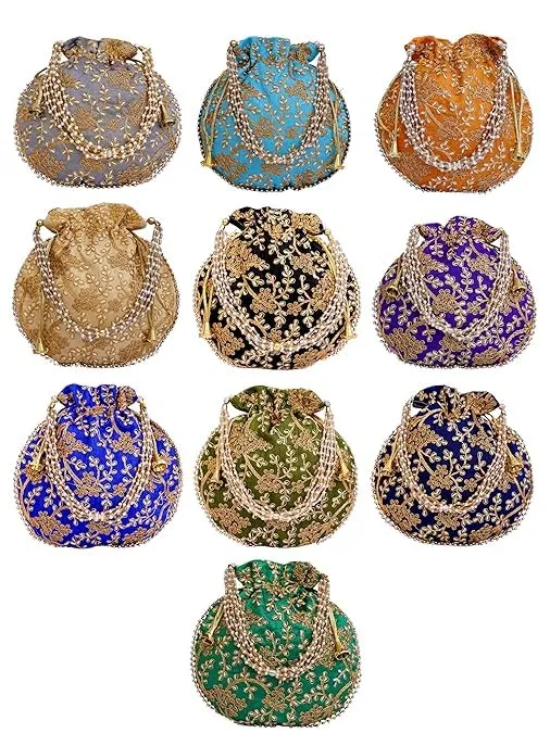 DMS RETAIL Rajasthani Look Women's Fashion Handmade Handbag Wristlets Ethnic Bridal Potli Batwa Bag Combo Pack of (Pack Of 8)