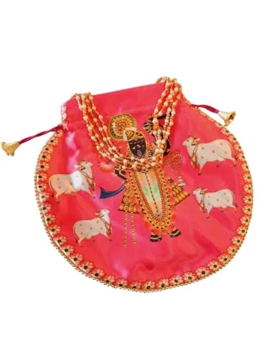 DMS RETAIL Shrinathji Digital Print Potli Bags for Gift, Shagun Potlis, Traditional Purse for Ladies, Potli Pouches with Pearl Handle, Shagun Potlis for Housewarming (Pack Of 12)