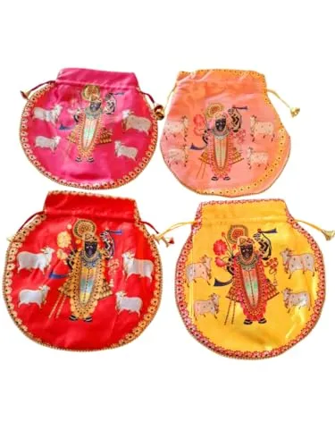 DMS RETAIL Shrinathji Digital Print Potli Bags for Gift, Shagun Potlis, Traditional Purse for Ladies, Potli Pouches with Pearl Handle, Shagun Potlis for Housewarming (Pack Of 12)