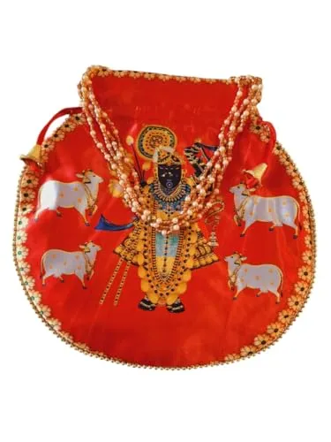 DMS RETAIL Shrinathji Digital Print Potli Bags for Gift, Shagun Potlis, Traditional Purse for Ladies, Potli Pouches with Pearl Handle, Shagun Potlis for Housewarming (Pack Of 12)