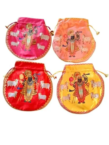 DMS RETAIL Shrinathji Digital Print Potli Bags for Gift, Shagun Potlis, Traditional Purse for Ladies, Potli Pouches with Pearl Handle, Shagun Potlis for Housewarming (Pack Of 12)