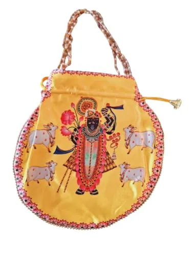 DMS RETAIL Shrinathji Digital Print Potli Bags for Gift, Shagun Potlis, Traditional Purse for Ladies, Potli Pouches with Pearl Handle, Shagun Potlis for Housewarming (Pack Of 12)