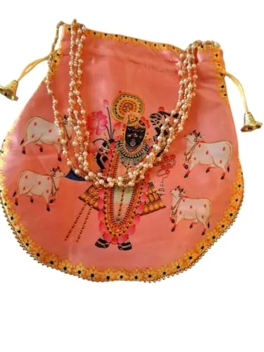 DMS RETAIL Shrinathji Digital Print Potli Bags for Gift, Shagun Potlis, Traditional Purse for Ladies, Potli Pouches with Pearl Handle, Shagun Potlis for Housewarming (Pack Of 12)