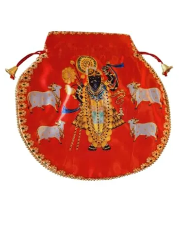DMS RETAIL Shrinathji Digital Print Potli Bags for Gift, Shagun Potlis, Traditional Purse for Ladies, Potli Pouches with Pearl Handle, Shagun Potlis for Housewarming (Pack Of 12)