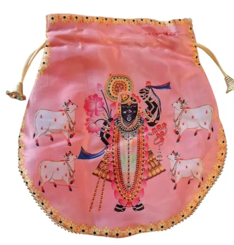 DMS RETAIL Shrinathji Digital Print Potli Bags for Gift, Shagun Potlis, Traditional Purse for Ladies, Potli Pouches with Pearl Handle, Shagun Potlis for Housewarming (Pack Of 12)