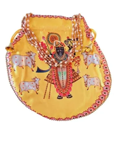 DMS RETAIL Shrinathji Digital Print Potli Bags for Gift, Shagun Potlis, Traditional Purse for Ladies, Potli Pouches with Pearl Handle, Shagun Potlis for Housewarming (Pack Of 12)